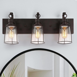 UOLFIN Farmhouse Rustic Vanity Light, 22 In. 3-Light Bathroom Wall Sconce With Seeded Glass Shades In Black