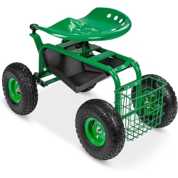 PROGRADE Rolling Garden Cart With Seat, Heavy Duty Gardening Scooter W/wheels, Storage & Extendable Steering Handle, Garden Work Seat for Planting