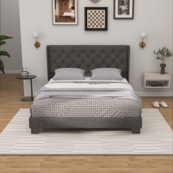 COSTWAY Full/queen/twin Size Upholstered Platform Bed Tufted Headboard Mattress Foundation In Grey