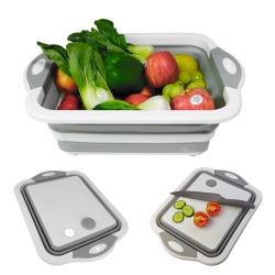 HLD Collapsible Cutting Board \w Colander Containers, Foldable Food Grade Silicone Dish Tub Chopping Board, Washing Basin Draining Basket Strainer