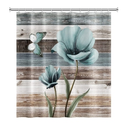 HLD Rustic Shower Curtain, Waterproof Floral Shower Curtain, Polyester Fabric Shower Curtain Set, Bathroom Curtain Machine Washable Bath Curtain