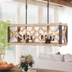 LNC Azizon Farmhouse 8-Light 27.5" Distressed Wood Linear Chandelier