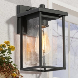 LNC Geoma Mid-Century Modern 1-Light Seeded Glass Wall Sconce Outdoor Wall Lantern In Black