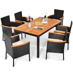 TOPBUY 7-Piece Outdoor Dining Set Patio Rattan Table And Chairs Set With Umbrella Hole