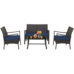COSTWAY 4PCs Patio Rattan Wicker Furniture Set Cushioned Sofa Armrest Coffee Table In Navy