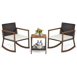 COSTWAY 3PCs Patio Rattan Rocking Chair Bistro Set Armrest Cushion Table With Storage Shelf