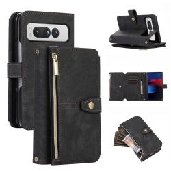 HLD Wallet Case for Google Pixel Fold, 9 Card Slots Retro Leather Wallet Shockproof Flip Cover \w Hand Strap Card Slots Zipper Pocket Kickstand