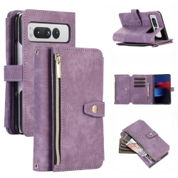 HLD Wallet Case for Google Pixel Fold, 9 Card Slots Retro Leather Wallet Shockproof Flip Cover \w Hand Strap Card Slots Zipper Pocket Kickstand