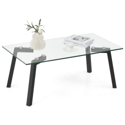 COSTWAY Tempered Glass Coffee Table Modern Center Table With Metal Frame for Living Room
