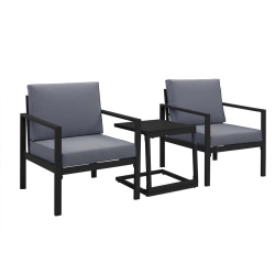 PATIOFLARE Sam 3 PC Aluminum Patio Chat Set - With Grey Cushions In Black