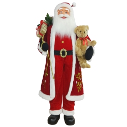 NORTHLIGHT 5' Traditional Santa Claus With Teddy Bear And Gift Bag Standing Christmas Figure