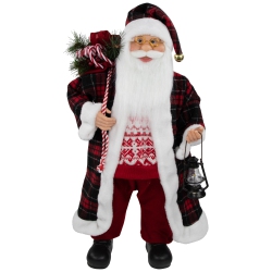 NORTHLIGHT 24" And White Santa Claus With Lantern And Gift Bag Christmas Figure In Red