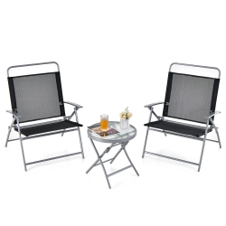 GYMAX 3 Piece Patio Folding Chair Set W/ Coffee Table & Extra-Large Seat Porch Backyard Poolside