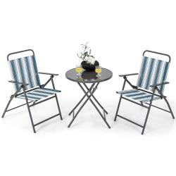 GYMAX 3 Pieces Patio Folding Chair Set W/ 2 Chairs & Glass Round Coffee Table Porch Deck Backyard
