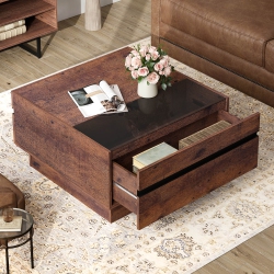 WAMPAT Modern Coffee Table With Tempered Glass Top, Square Wood Center Table With 2 Large Storage Drawers for Living Room, 31.5" In Brown