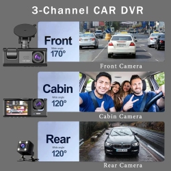 3CHH 2025 New Version 3 Channel Dash Cam for Cars 1080P Video Recorder Rear View Camera for Vehicle Car Dvr Box With 16GB Sd Card In Black
