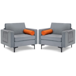 COSTWAY Set Of 2 Accent Armchair Single Sofa W/ Bolster & Side Storage Pocket Ash In Grey
