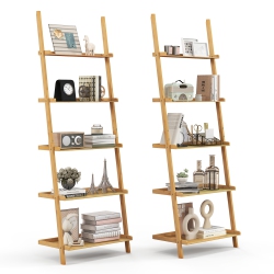 COSTWAY 2 PCs 5-Tier Bamboo Ladder Shelf Wall-Leaning Display Bookcase Storage Rack