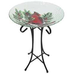 NORTHLIGHT 21" Cardinal And Pine Cone Glass Bird Bath With Stand In Red