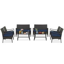 COSTWAY 8PCs Patio Rattan Wicker Furniture Set Cushioned Sofa Armrest Coffee Table In Navy