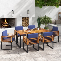 COSTWAY 7PCs Patio Acacia Wood Dining Chair & Table Set Heavy-Duty Space-Saving Outdoor