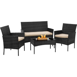 BESTOFFICE Courtyard Furniture 4-Piece Outdoor Indoor Wicker Patio With Table And Cushion Is Suitable for Backyard Lawn Porch Garden Balcony, Black