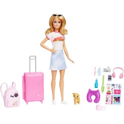 MATTEL Barbie Doll & Accessories, Travel Set With Puppy And 10+ Pieces, Suitcase Opens & Closes, Malibu Doll With Blonde Hair