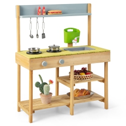 COSTWAY Outdoor Mud Kitchen Set, Outdoor Play Kitchen Set With Removable Water Box