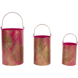 NORTHLIGHT Set Of 3 Fuchsia And Gold Floral Laser-Cut Pillar Candle Lanterns In Pink