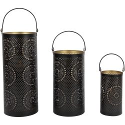 NORTHLIGHT Laser-Cut Floral Pillar Candle Lanterns - 12" - And Gold - Set Of 3 In Black