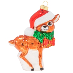 KAT ANNIE 5" Jolly Reindeer Calf In Santa Hat Glass Christmas Ornament