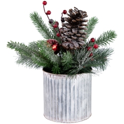NORTHLIGHT 12" Frosted Pine, Berries And Pine Cones Floral Arrangement In Tin Pot