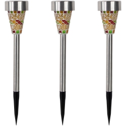 NORTHLIGHT Set Of 3 Mosaic Stained Glass Solar Powe Led Pathway Markers, 15.5" In Red