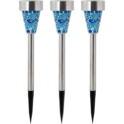 NORTHLIGHT Set Of 3 Mosaic Stained Glass Solar Powered Led Pathway Markers, 15.5" In Blue