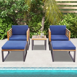 COSTWAY 5PCs Patio Acacia Wood Cushioned Chair Ottoman Table Furniture Set Outdoor In Navy
