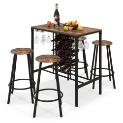 COSTWAY 5PCs Bar Table & Stools Set Industrial Bistro Set With Wine Rack & Glass Holder