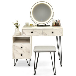 TOPBUY Bedroom Makeup Vanity Dressing Table Stool Set With 3 Colors Lighted Mirror Large Storage Cabinet Drawer