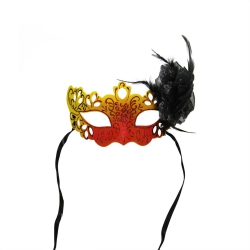GALLERIE II 7" Orange And Black Glittered Faux Feathered Halloween Masquerade Mask In Yellow