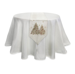 MELROSE 13" Cream And Silver Colored Christmas Tree Embroidered Table Runner In White