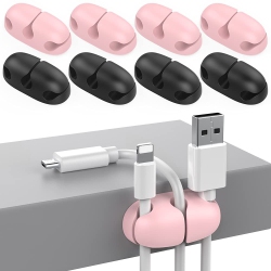 HLD 8 Pack Cord Organizer Holder Desk Cable Clips Strong Adhesive Wire Holder for Organizing USB Cord Wire Home Office And Car (Pink+Black)