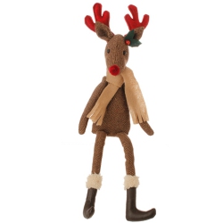 RAZ 20.5" Country Cabin Decorative Brown Reindeer With Antlers And Nose Stuffed Animal Figure In Red