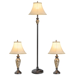 COSTWAY 3-Piece Traditional Style Lamp Set With Linen Fabric Lamp Shades ＆ Weighted Bases