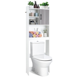 COSTWAY Over The Toilet Storage Cabinet Bathroom Space Saver W/ Open Shelves & Door
