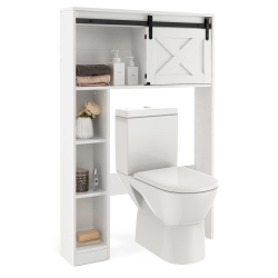 COSTWAY Over The Toilet Bathroom Storage Cabinet With Sliding Barn Door & Shelves In White