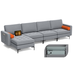 COSTWAY Modular L-Shaped Sectional Sofa With Reversible Chaise & 2 USB Ports Ash In Grey