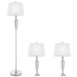 COSTWAY 3 Piece Lamp Set Modern Floor Lamp & 2 Table Lamps Nickel Finish Lamps W/ Base