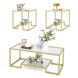 COSTWAY Coffee Table Set Of 3 Glass Modern Coffee Table & 2 Accent Table for Living Room