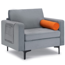 COSTWAY Fabric Accent Armchair Single Sofa W/ Bolster & Side Storage Pocket Ash In Grey
