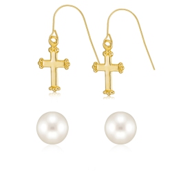 LE REVE GOLD 14Kt Gold Cross Drop And Pearl Stud In Yellow