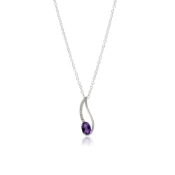 LE REVE GOLD 10Kt 18" Oval Amethyst & Diamond Pendant Necklace In White